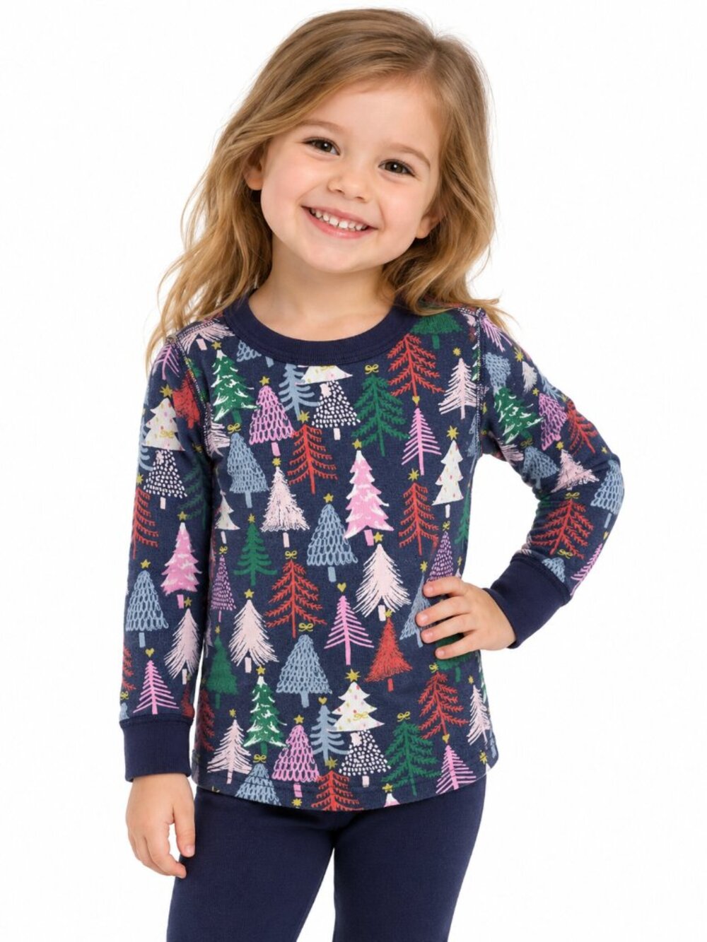 Hanna Andersson Christmas Tree Pajama Top Organic Cotton Navy Kids Size 4 100cm